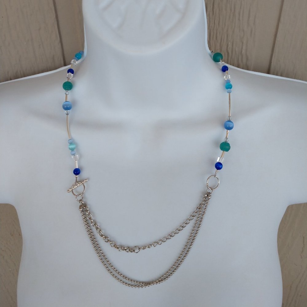 Blue Agate Bead Necklace With Silver Tone Chains and Accents Handmade 21 inches